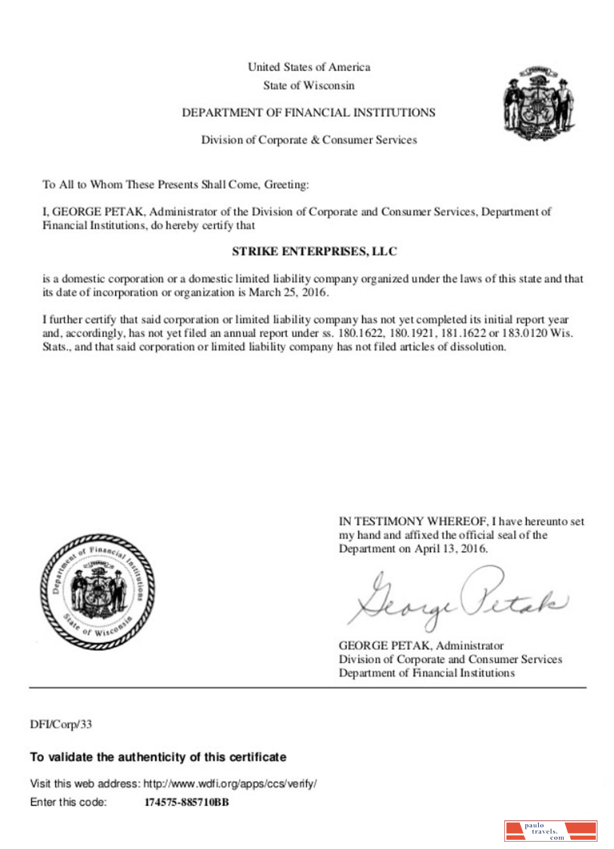 USA Wisconsin certificate of good standing